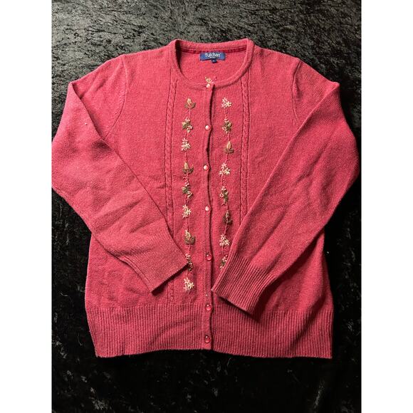 Tulchan Medium Wool Button Up Cardigan Embroidered Flowers Wool - Picture 1 of 6